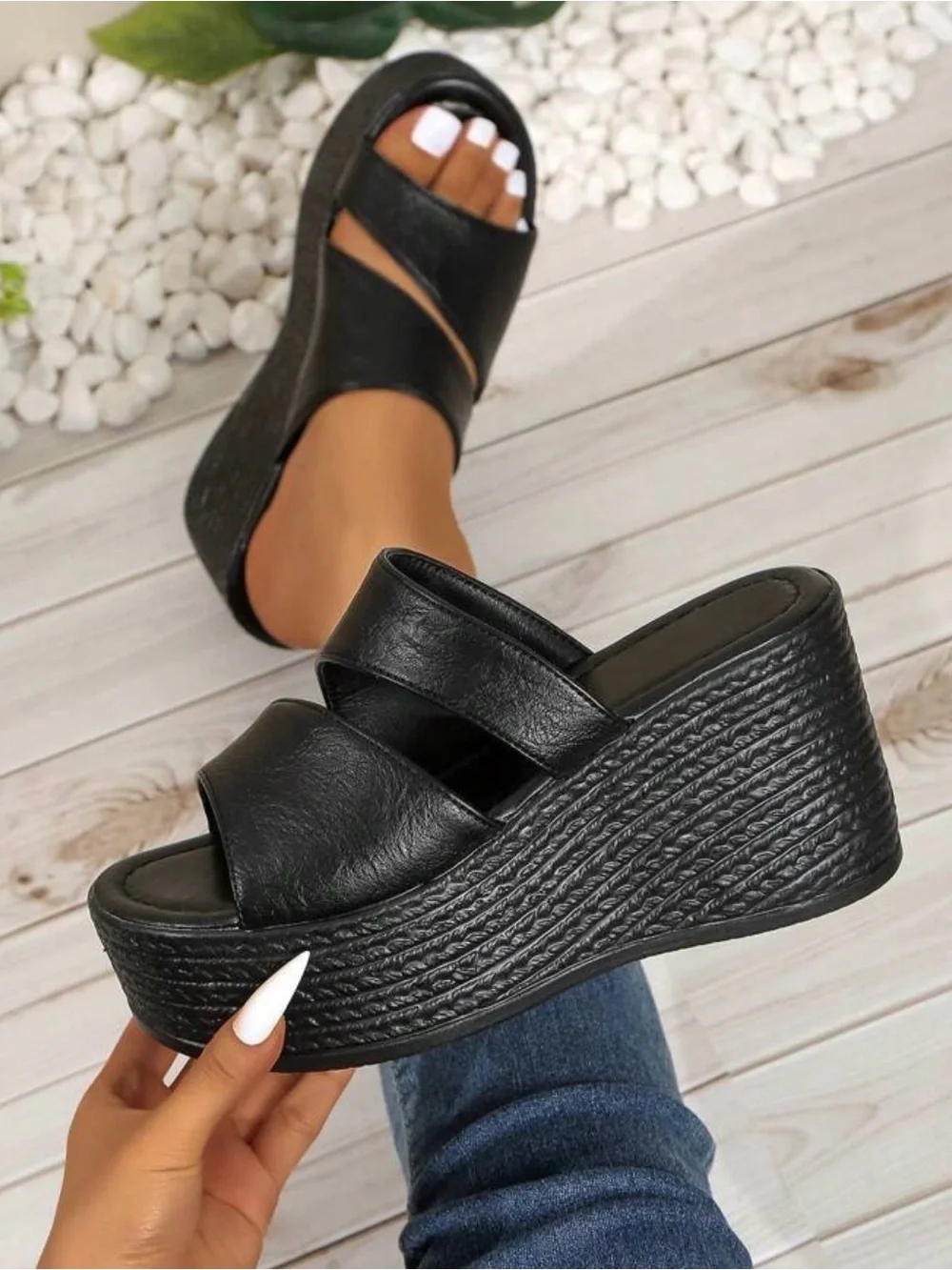 Women's Black Platform Slide Sandals - Sleek Wedge Comfort